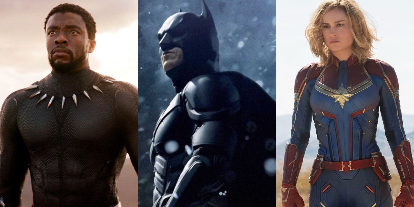 Split image: Chadwick Boseman as Black Panther, Christian Bale as Batman, and Brie Larson as Captain Marvel