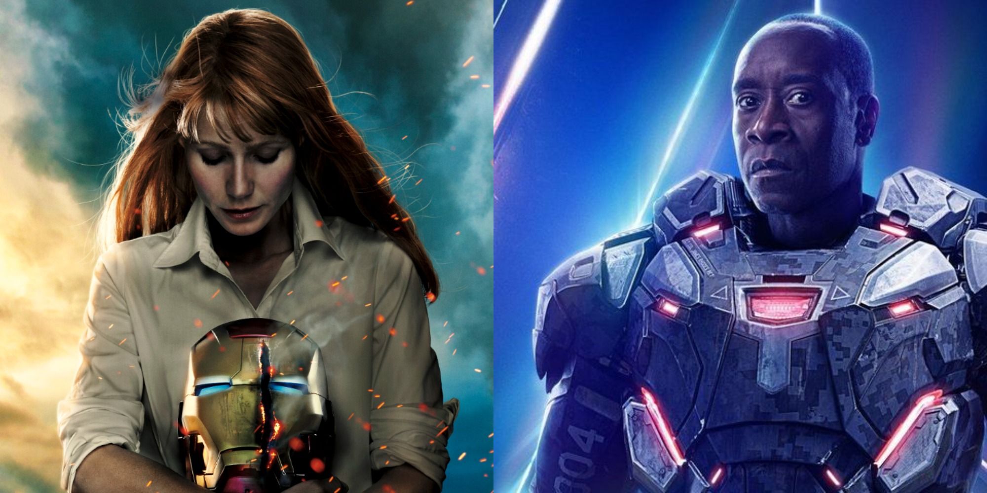 Side-by-side photo of Pepper Potts and James Rhodes from Iron Man