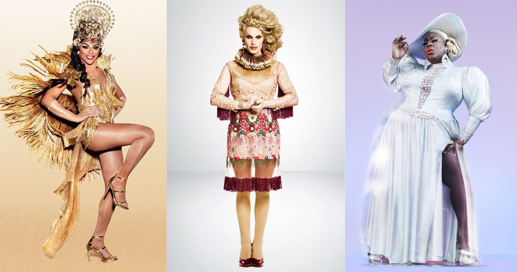 Split image: Shangela, Katya, and Latrice Royale pose for their RuPaul's Drag Race All Stars promo images
