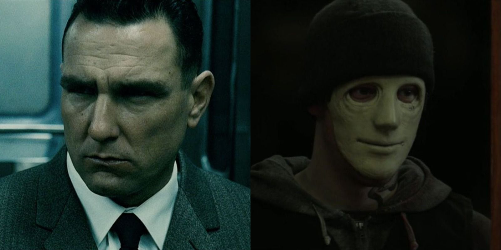 Split image of Mahogany from The Midnight Meat Train and the Masked Man from Hush
