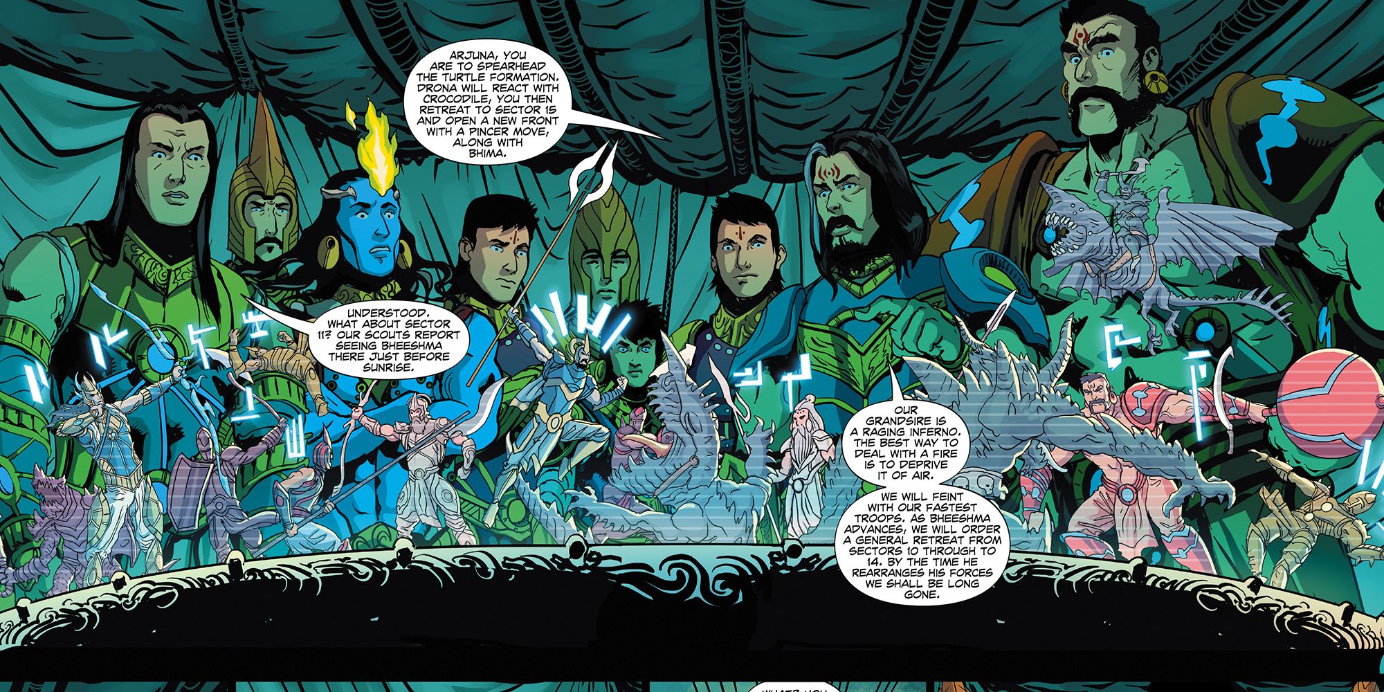 Various characters plan for battle in a panel from 18 days