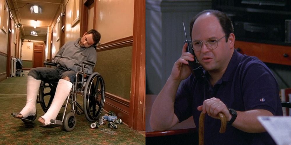 Charlie Kelly in a wheelchair in in Always Sunny/George on the phone in Seinfeld