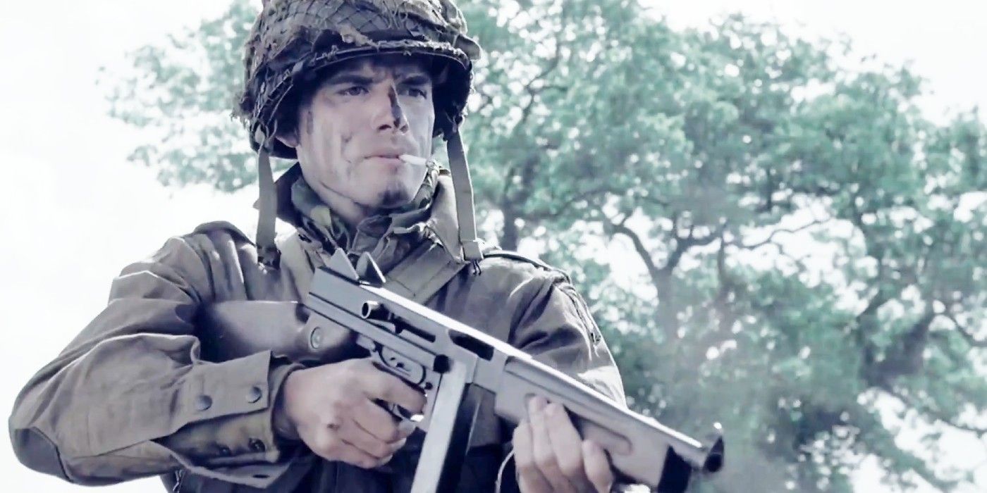 Ronald Speirs pointing a gun in Band of Brothers.