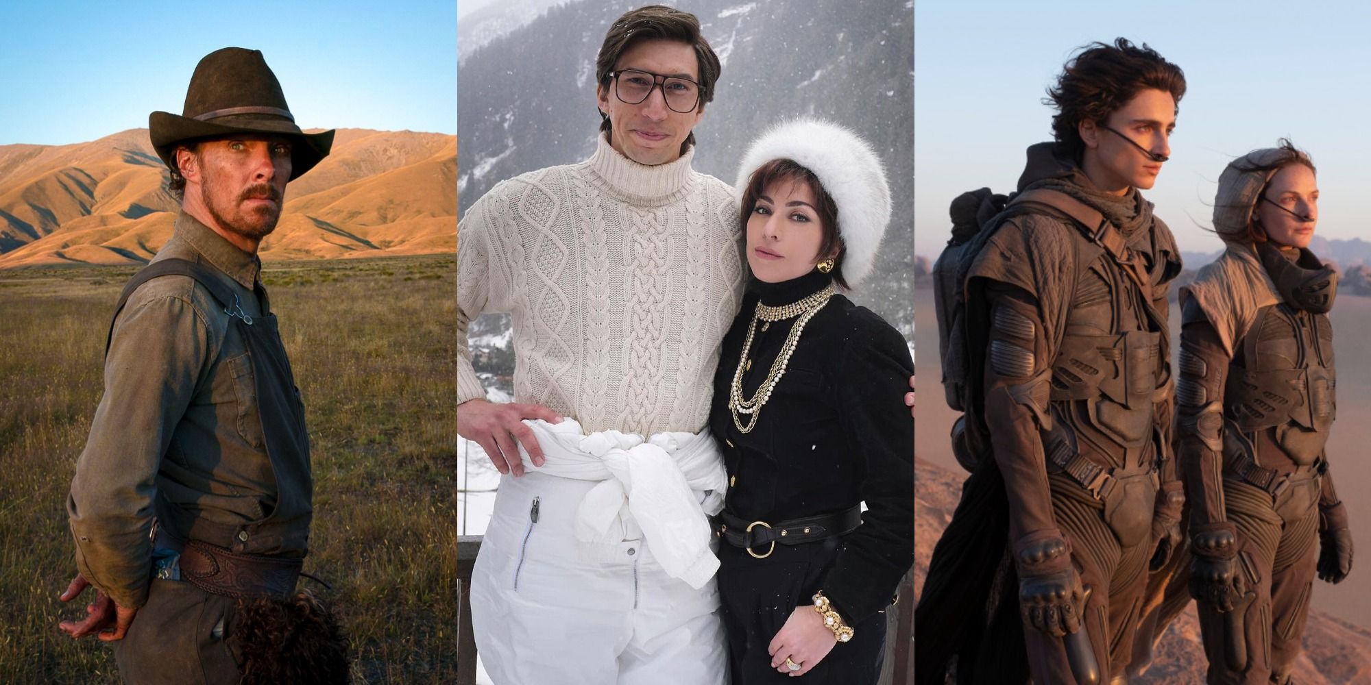 Split image showing images from The Power of the Dog, House of Gucci, and Dune