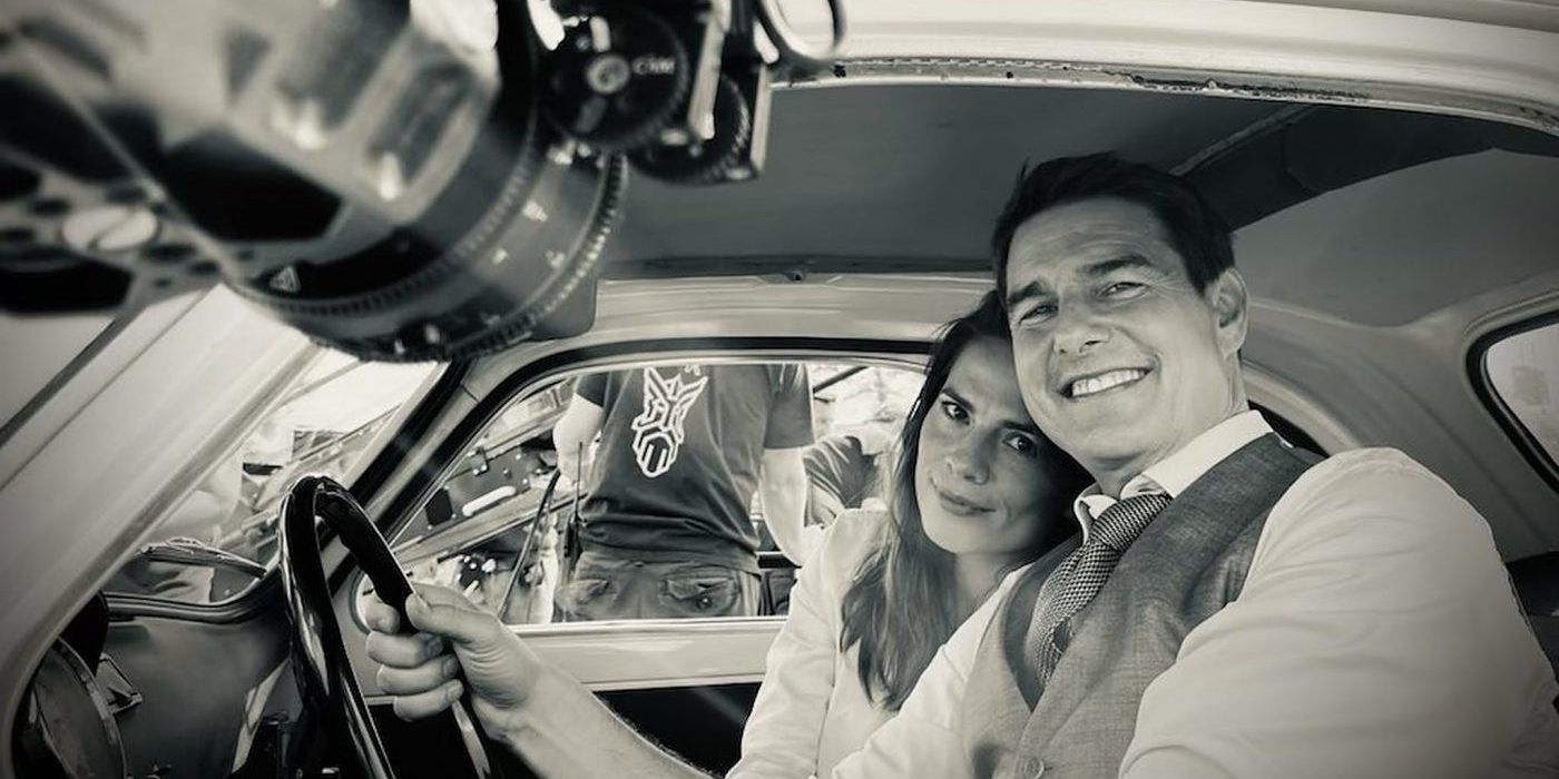 Hayley Atwell with Tom Cruise in a car filming Mission Impossible 7