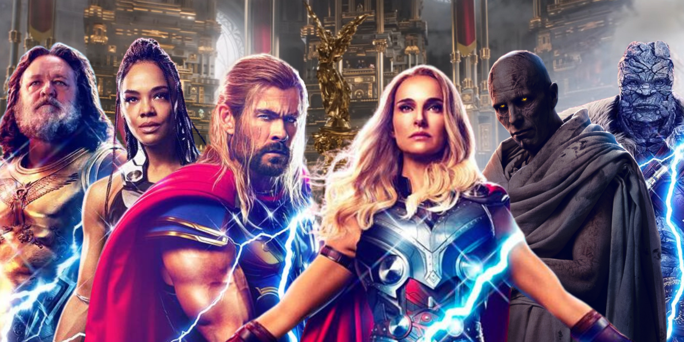 Thor, Gorr, Korg, Mighty Thor, Valkyrie, and Zeus in Thor: Love and Thunder
