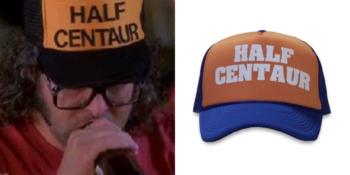 Split image showing Frank wearing a hat that says Half-Centaur in 30 Rock, and the hat itself