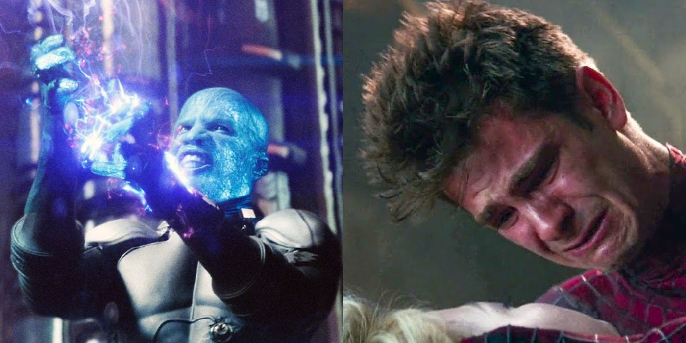 Split image of Electro and Andrew Garfield as Spider-Man