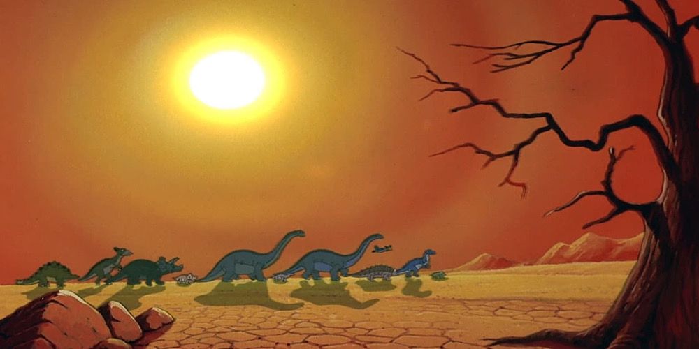 A herd of dinosaurs traverse across a desert vista in The Land Before Time V: The Mysterious Island