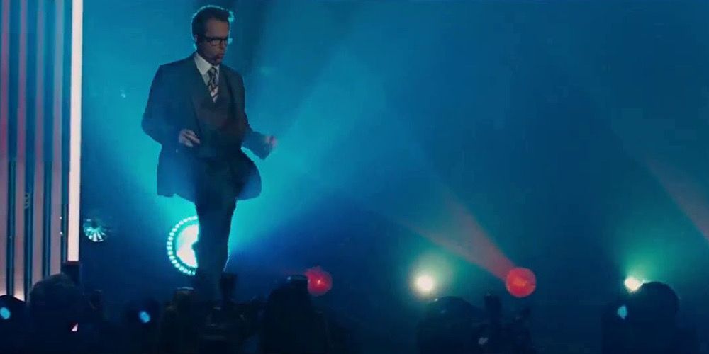 Justin Hammer dances on stage in Iron Man 2