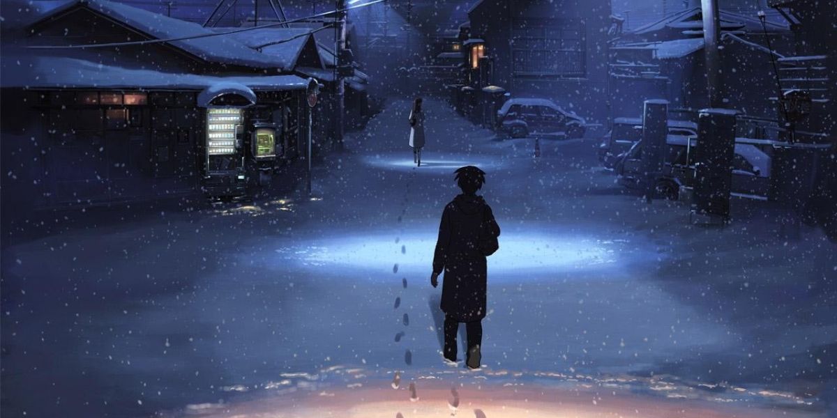 Artwork of 5 Centimeters Per Second's soundtrack showing a man walking down a street