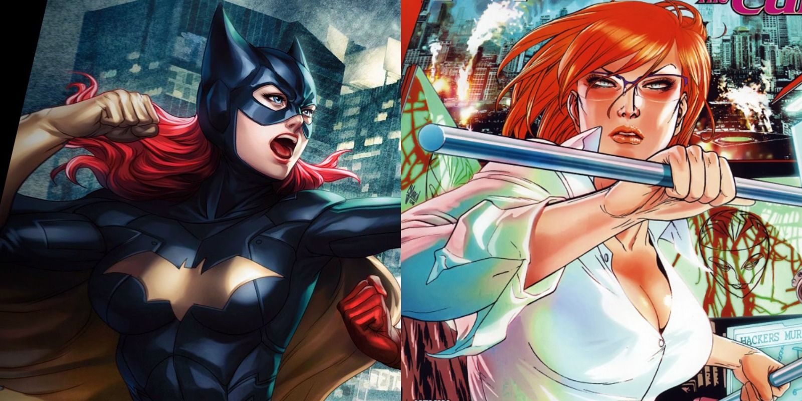A split image of Barbara Gordon as Batgirl fighting and as Oracle holding a fighting baton.
