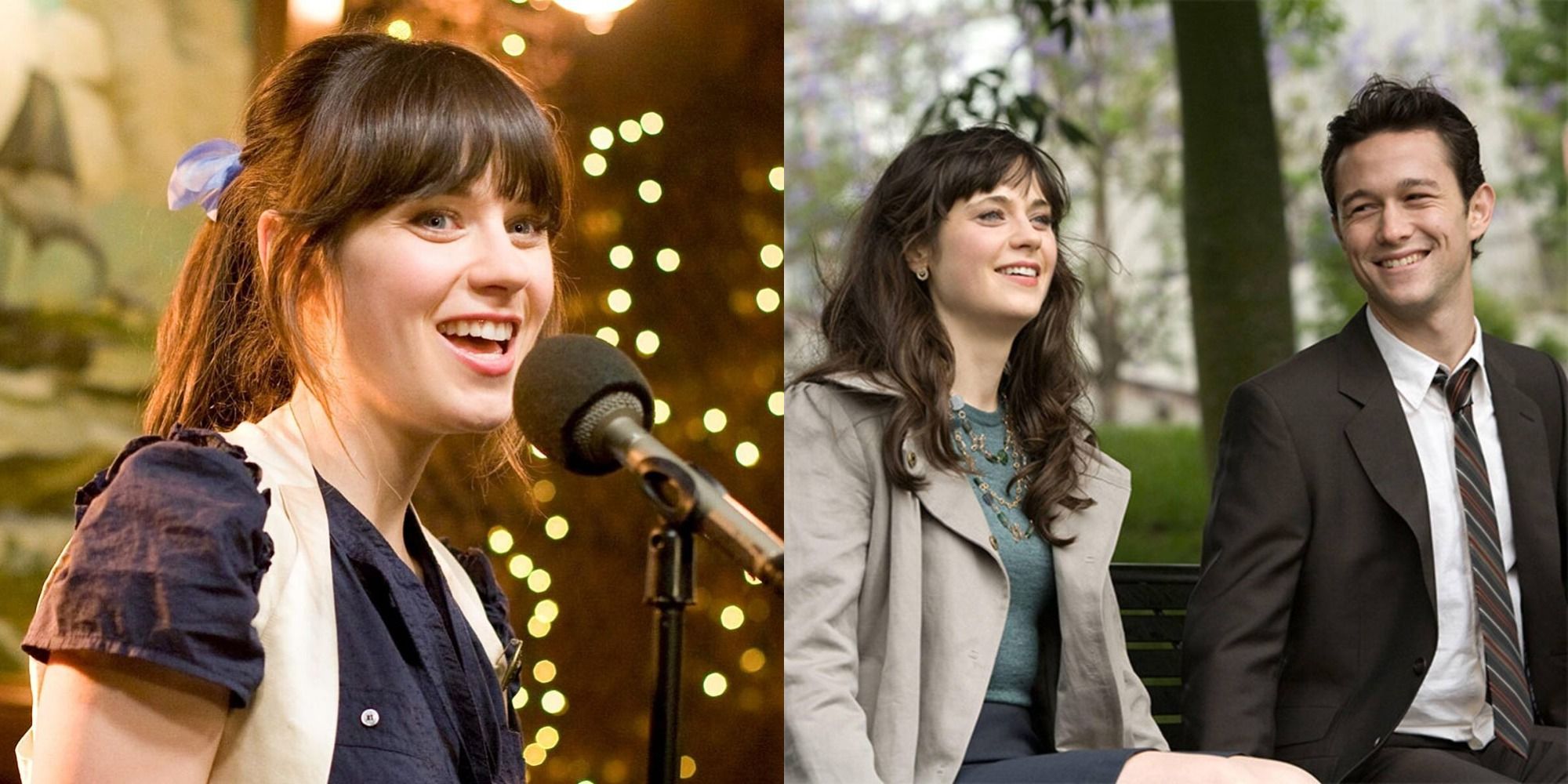 Split image showing Summer singing and Summer and Tom at the bench in 500-Days-of-Summer