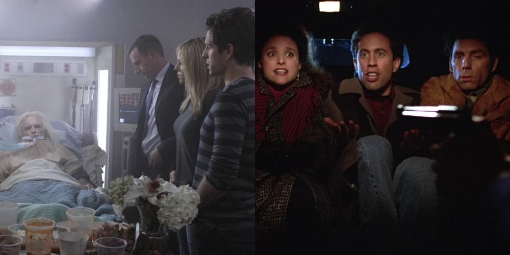 Split image of the It's Always Sunny in Philadelphia gang next to Pop Pop in bed/Elaine, Jerry, and Kramer held at gunpoint in back of limo in Seinfeld