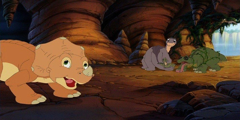 The dinosaurs hide in a cave in The Land Before Time VII: The Stone Of Cold Fire