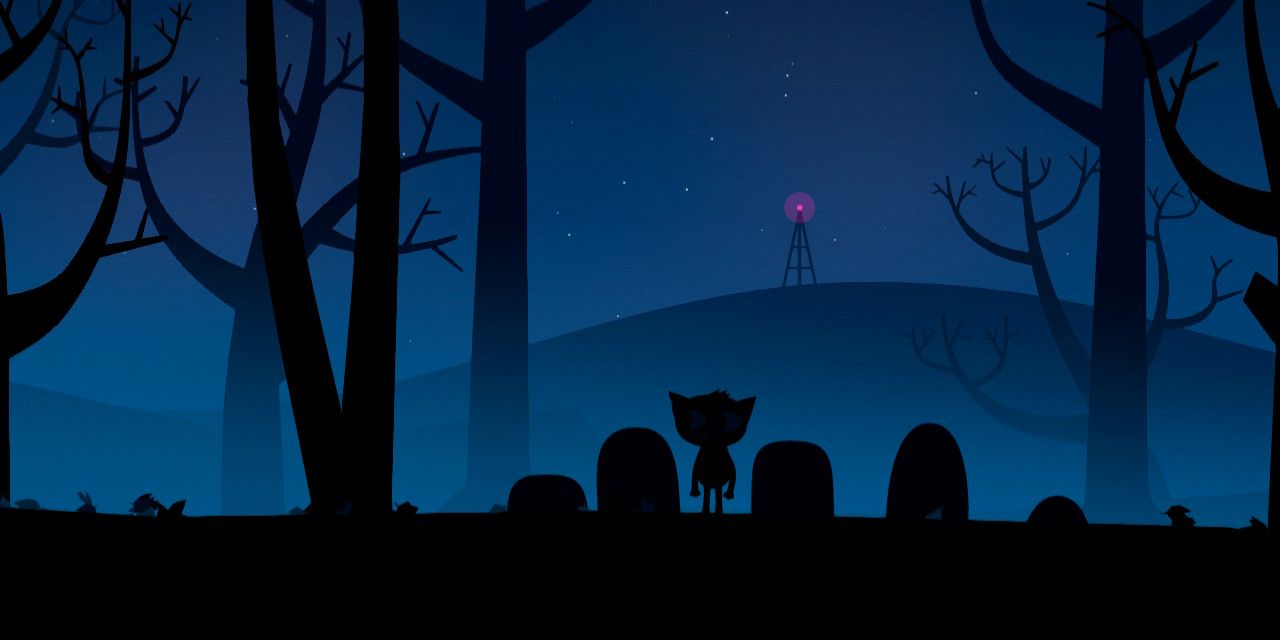 Mae stands in a graveyard and looks at a radio tower in the Switch game Night in the Woods.
