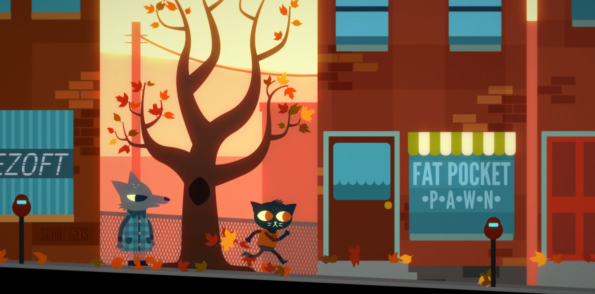 Mae runs down a city street as a fox watches in the Switch game A Night in the Woods.