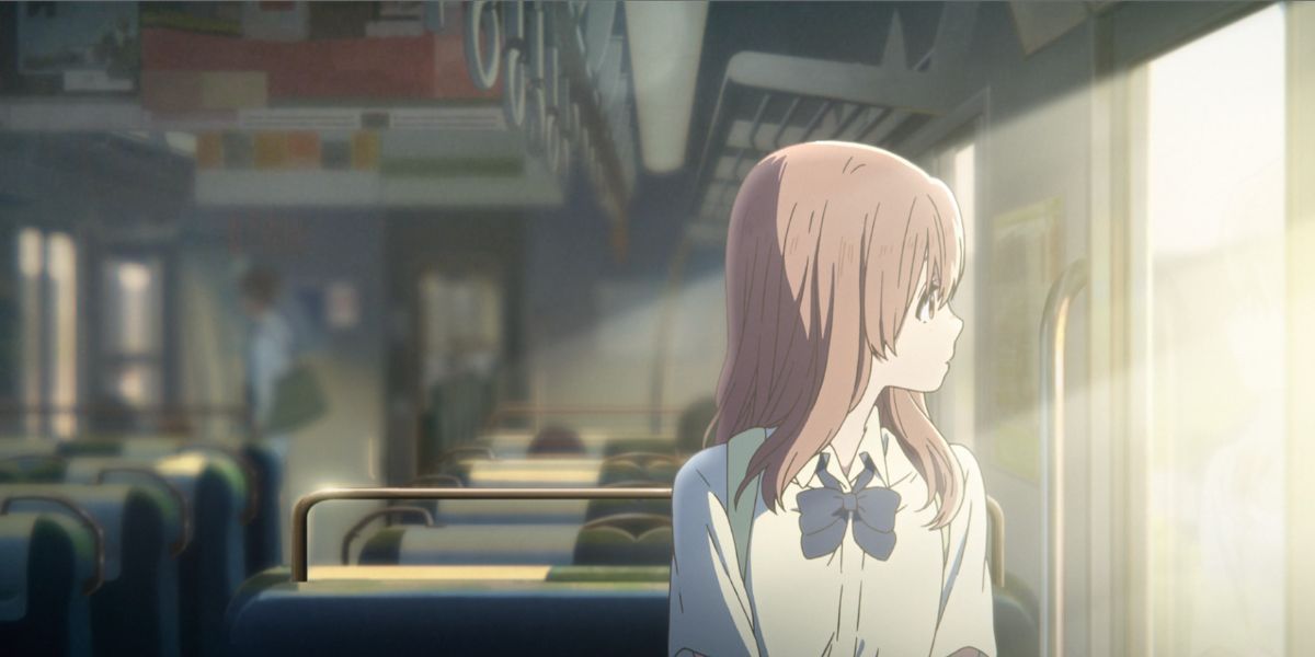 Shouko rides the train in A Silent Voice.