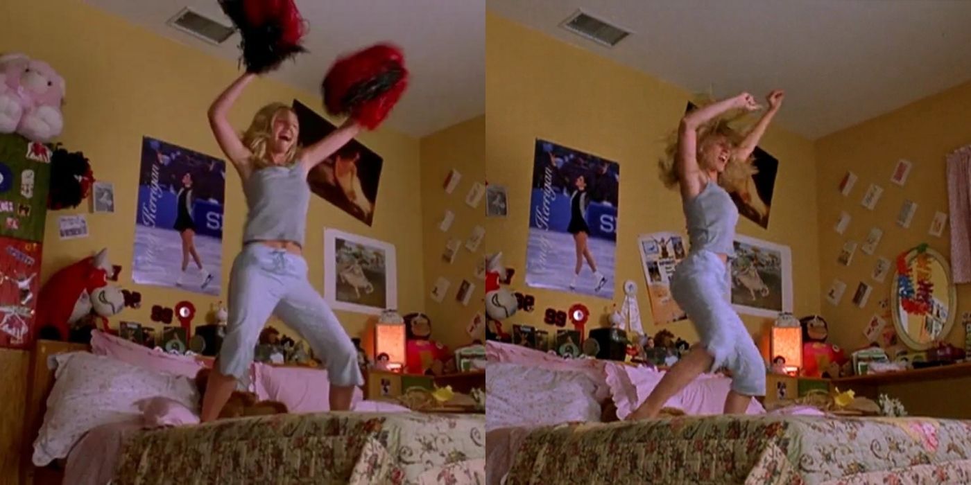 A side by side image of Torrence dancing on her bed in Bring It On