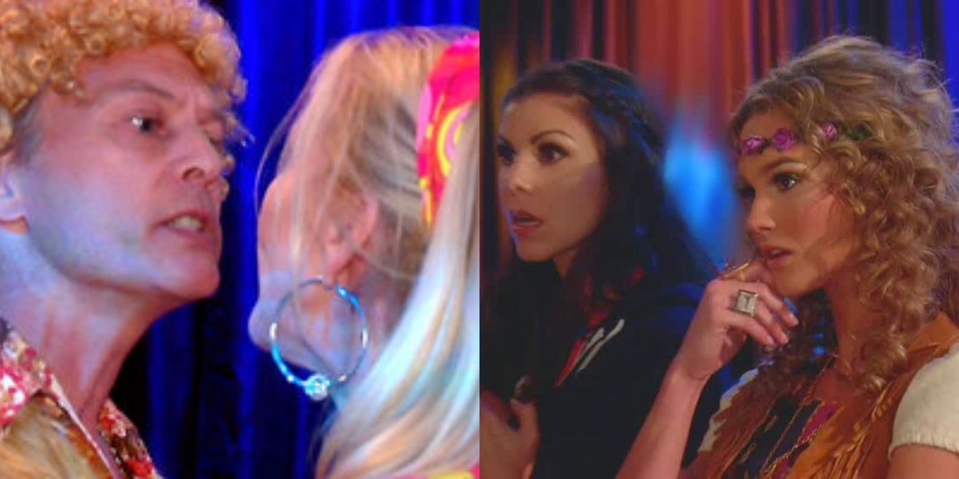 A split image of David and Vicki arguing at the disco party and Meghan watching in shock on RHOC