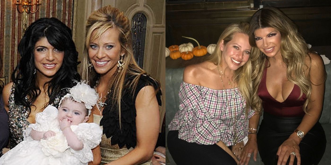 A split image of Dina and Teresa from over the years on RHONJ. Dina helps Teresa with her baby and later smiles at a bar