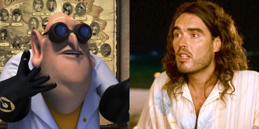 A split image of Dr Nefario in Despicable Me and Russell Brand in Forgetting Sarah Marshall