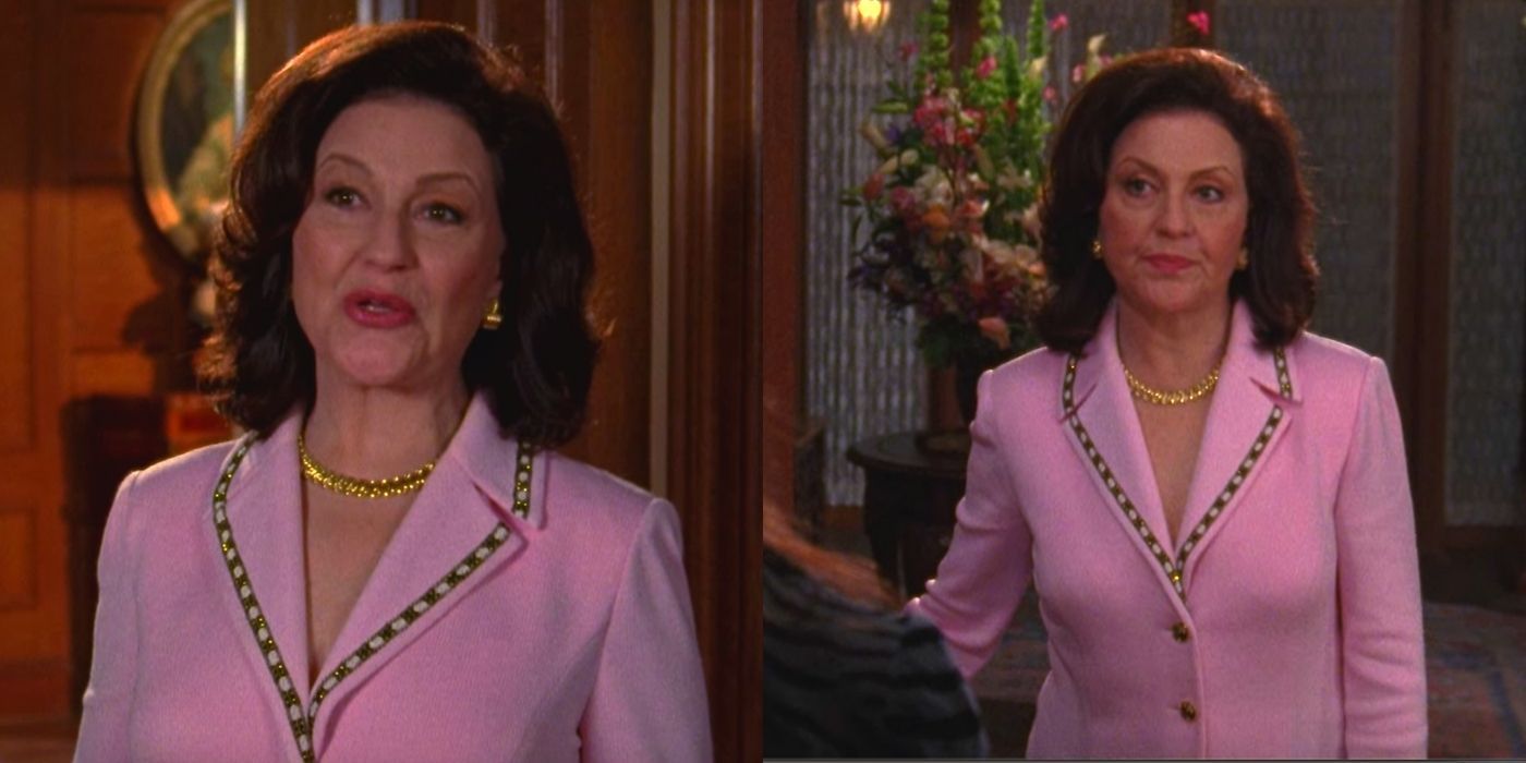 A split image of Emily Gilmore answering the door in a pretty pink blazer on Gilmore Girls