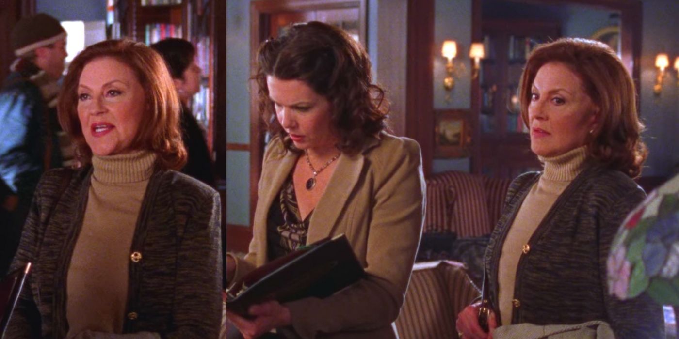 A split image of Emily Gilmore in a turtleneck talking to Lorelai at the Indepence Inn on Gilmore Girls
