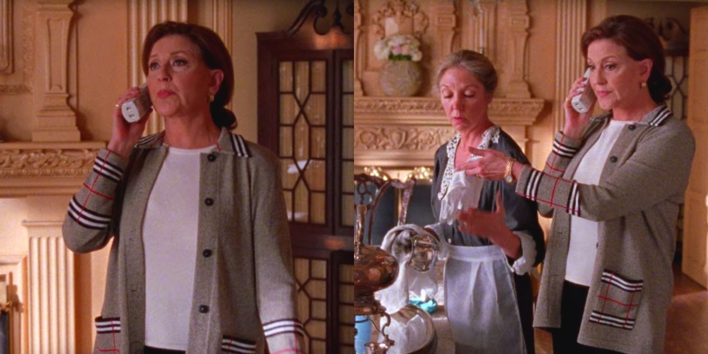 A split image of Emily Gilmore in her house while on the phone with Lorelai and talking to a housekeeper in Gilmore Girls.