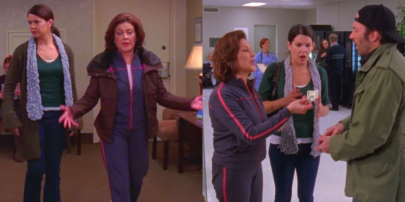 A split image of Emily, Lorelai, and Luke at the hospital on Gilmore Girls