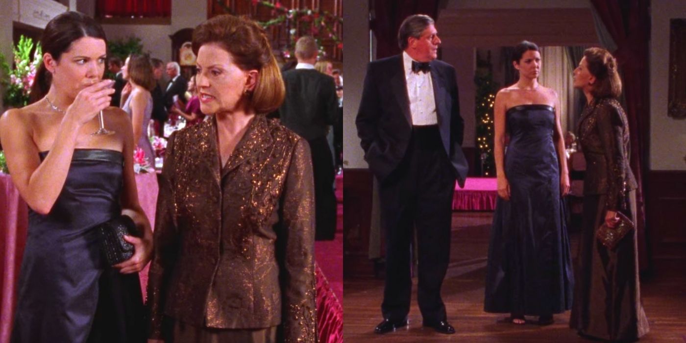 A split image of Emily and Lorelai arguing with Richard at Rory's debutante ball on Gilmore Girls