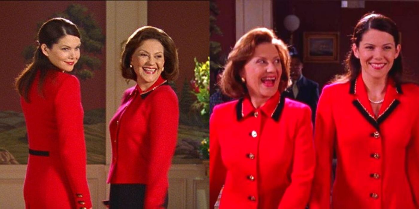 A split image of Emily and Lorelai walking down a runway in matching red suits on Gilmore Girls
