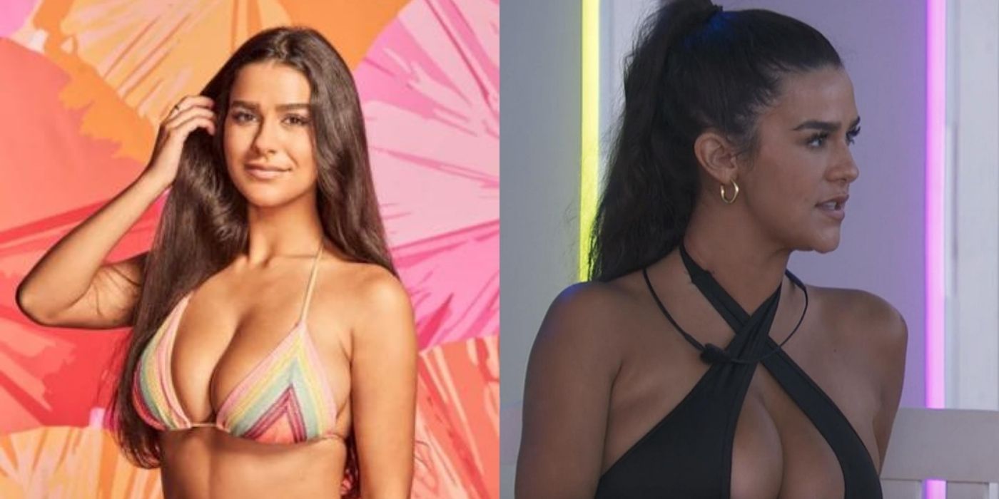 A split image of Genevieve Shawcross's promo picture for Love Island USA and a still from her time on the show