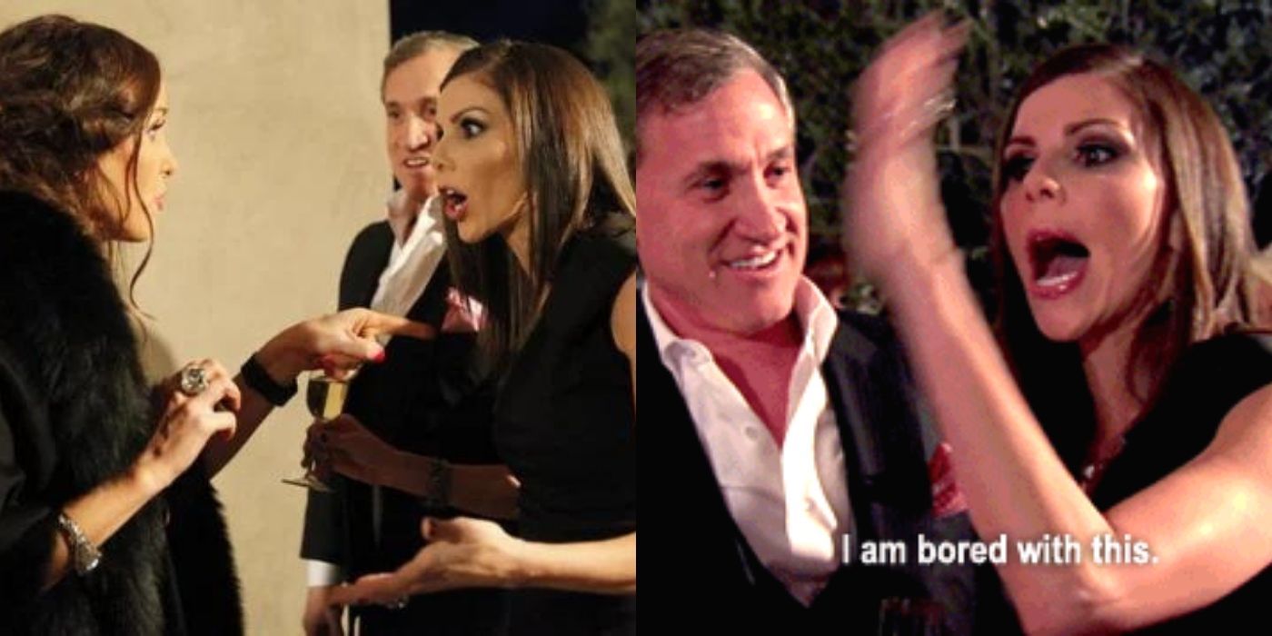 A split image of Heather and Terry arguing with a guest at a name-change party on RHOC