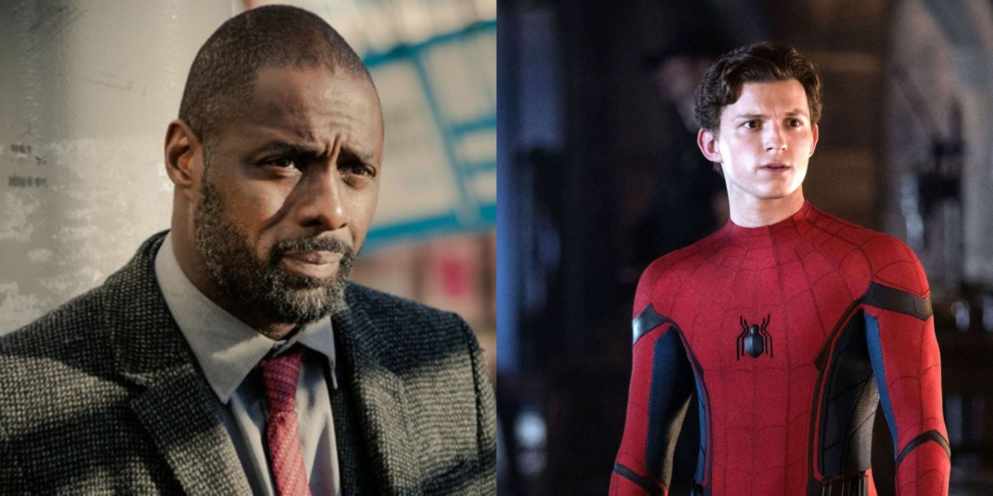 A split image of Idris Elba as Luther and Tom Holland as Spider-Man