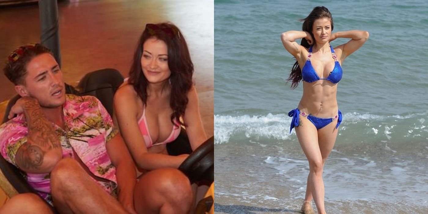 A split image of Jess Impiazzi on the beach and talking to her ex on Ex on The Beach