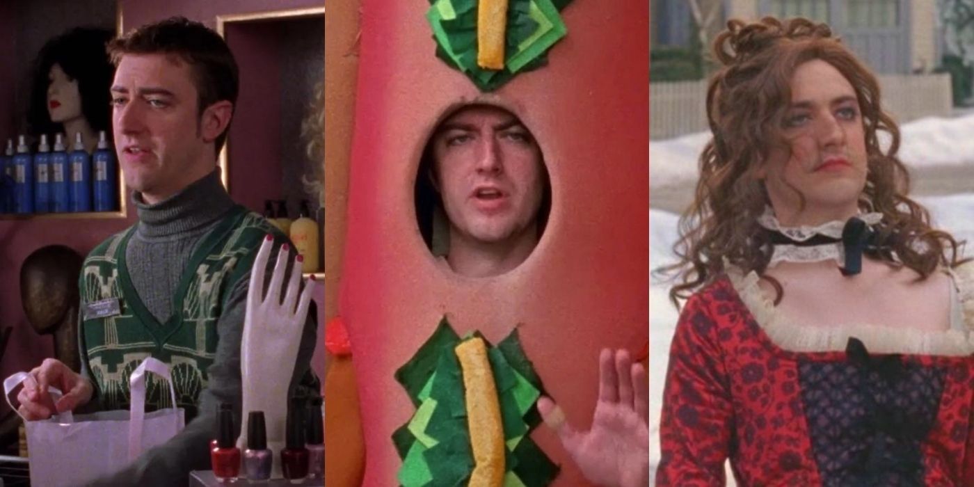 A split image of Kirk from Gilmore Girls dressed as a hot dog, a woman, and selling makeup