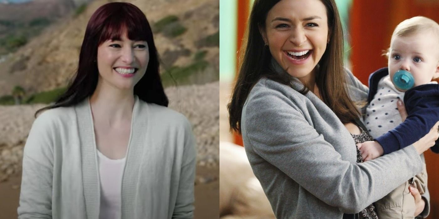 A split image of Lexie smiling on the beach and Amelia holding Bailey in Grey&rsquo;s Anatomy