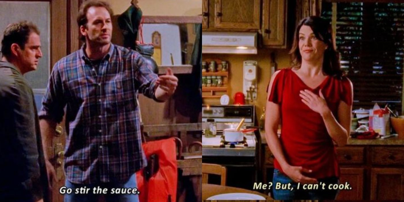 A split image of Luke and Lorelai talking about cooking in Gilmore Girls