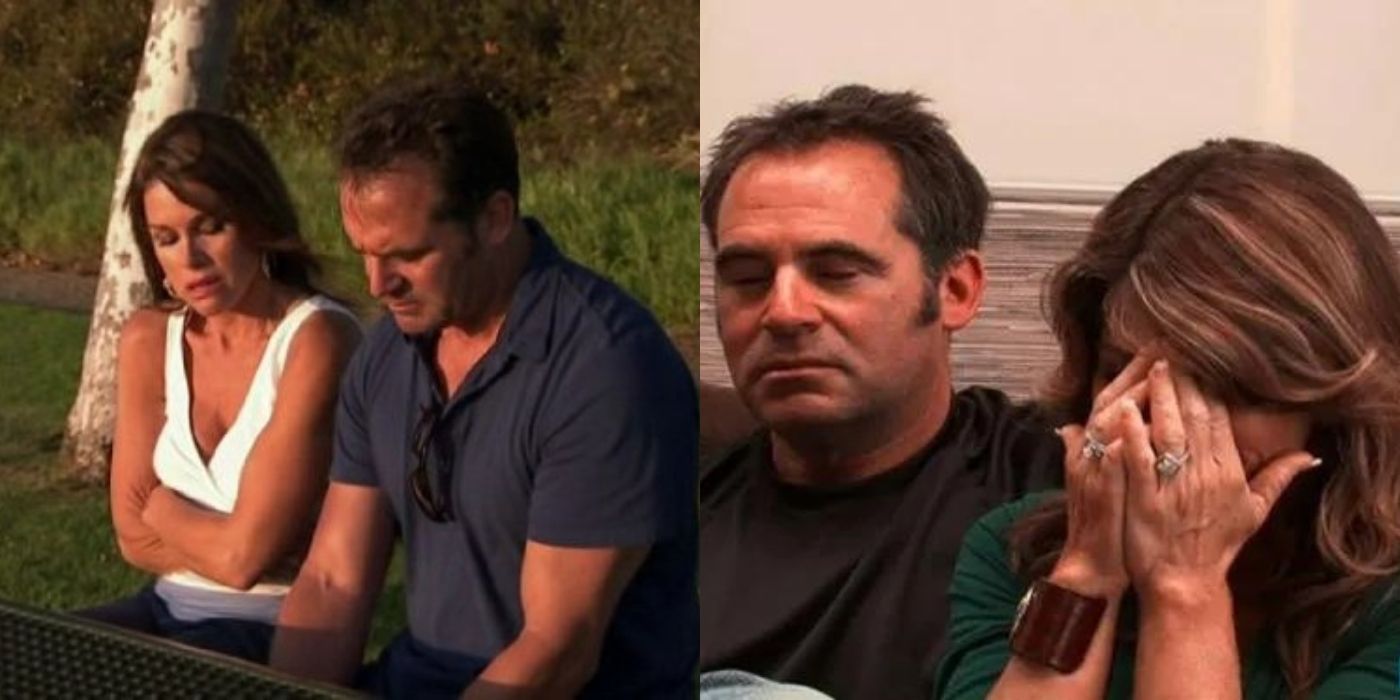 A split image of Lynn and her husband crying over their financial woes on RHOC