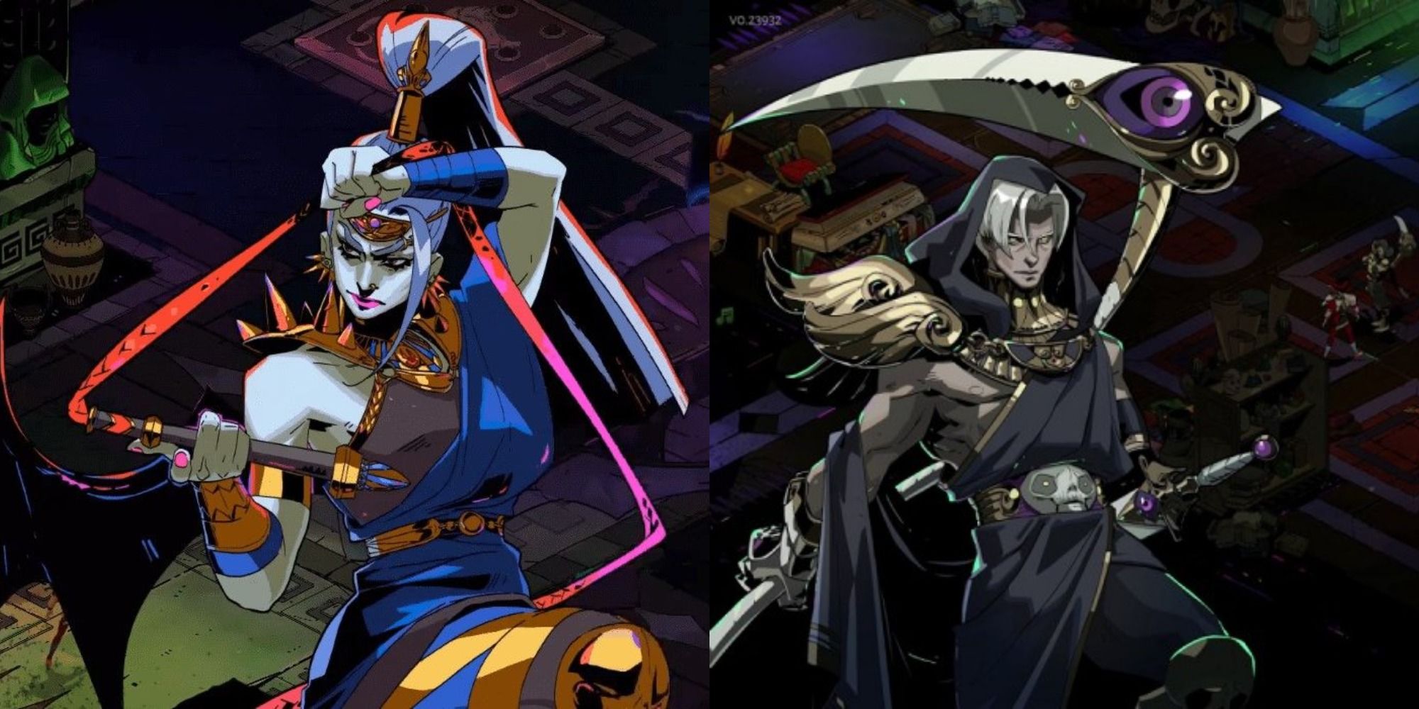 A split image of Megaera and Thanatos in Hades video game