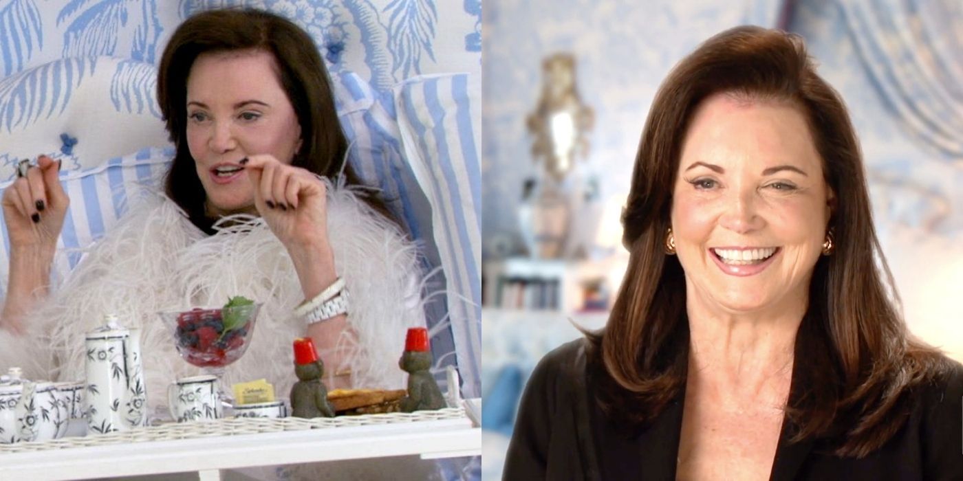 A split image of Patricia from Southern Charm in bed drinking tea and smiling in a confessional