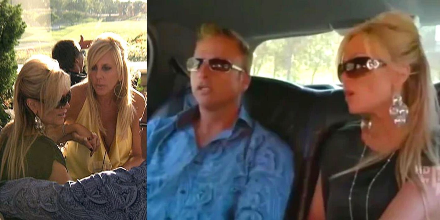 A split image of Tamra in a limo with Simon and later sitting ith VIcki outside on RHOC