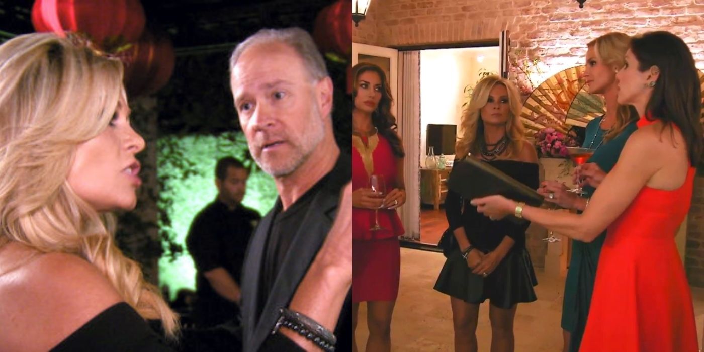 A split image of Tamra talking with Brooks and the women talking to Heather Dubrow on RHOC