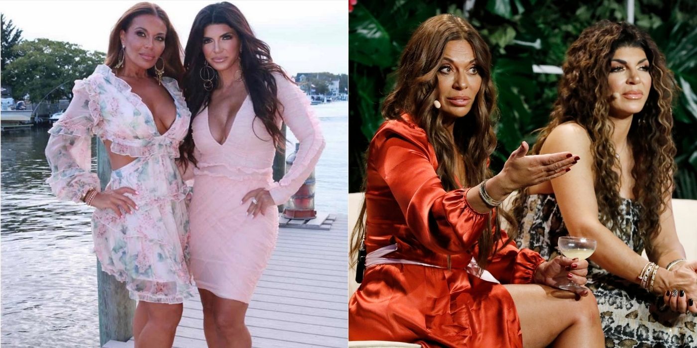 A split image of Teresa and Dolores posing at the beach and on stage for Bravo on RHONJ