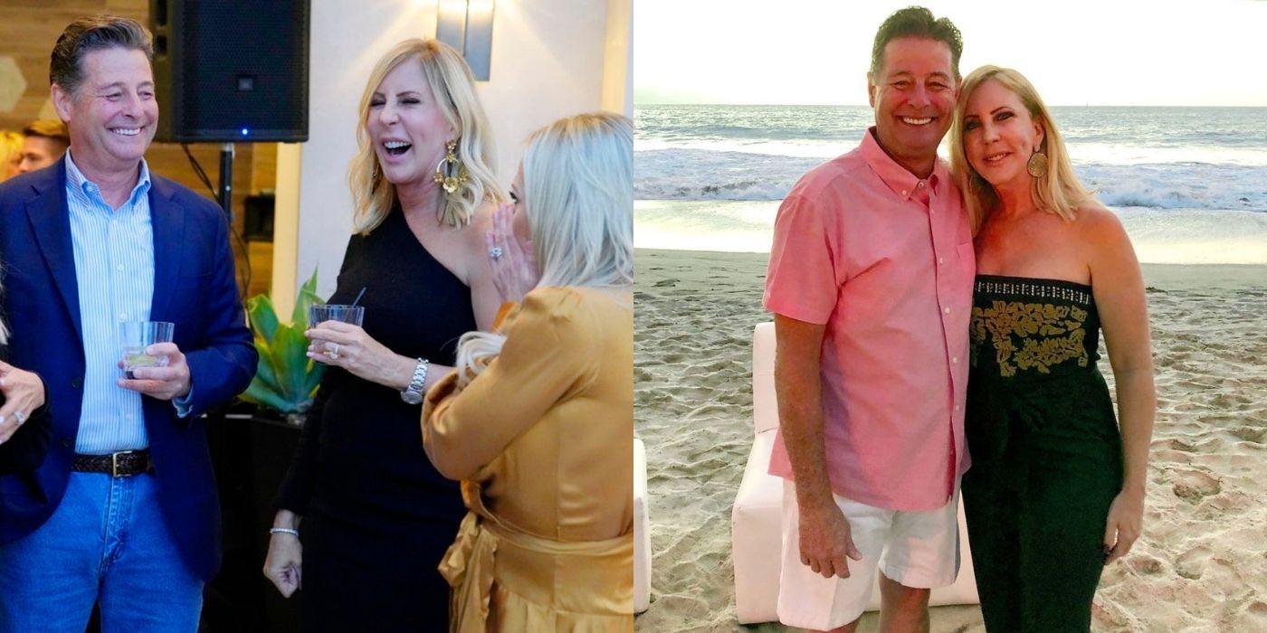A split image of Vicki Gunvalson and her fiance Steve Lodge from RHOC talking with friends and smiling for the camera