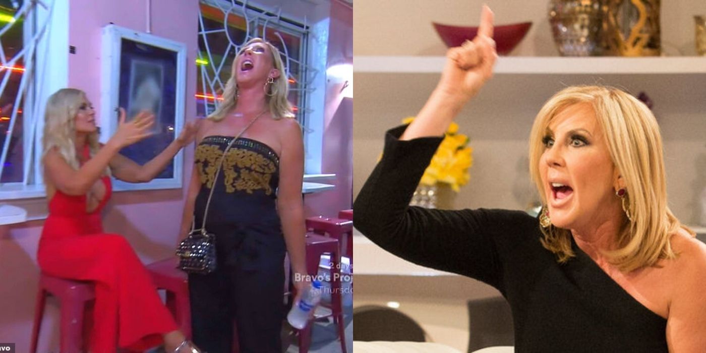 A split image of Vicki Gunvalson arguing while with Tamra and fighting at the reuinion