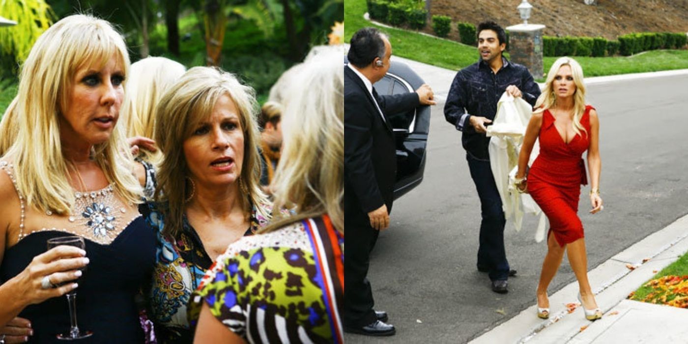 A split image of Vicki and Tamra leaving the car and talking to guests in an episode of RHOC