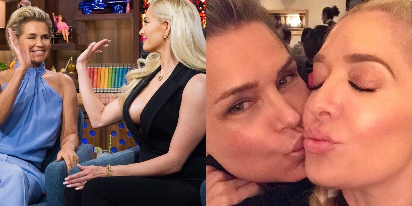 A split image of Yolanda Hadid high-fiving and kissing Erika Jayne on WWHL from RHOBH