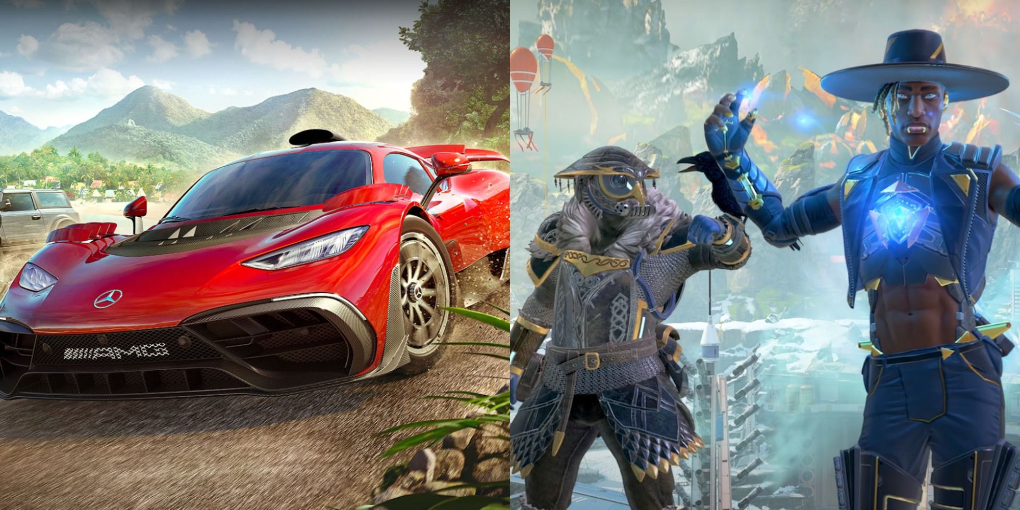 A split image of a car drifting in Horizon and Seer and Bloodhound in Apex Legends